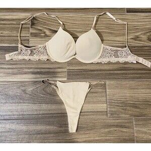 VS Victoria’s Secret Very Sexy Bra Thong Set Y2K Beige tan 34 B Small